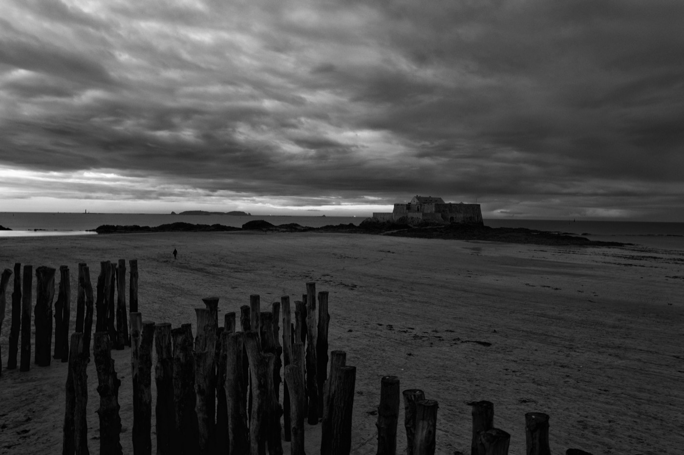Une rangée de pieux de bois plantés dans le sable, devant une plage vide jusqu'à la mer.